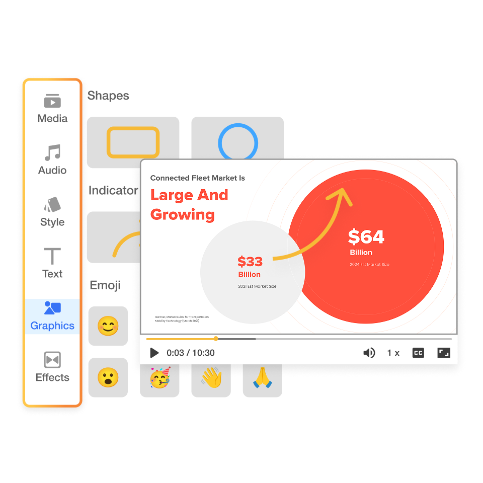 Scene editor to fine-tune your PPT to video output with overlays and reordering.